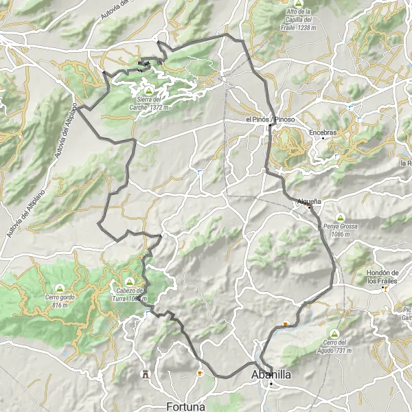 Miniatua del mapa de inspiración ciclista "Ruta de Ciclismo de Carretera Abanilla - Cabezo Blanco - el Pinós / Pinoso - Algueña - Abanilla" en Región de Murcia, Spain. Generado por Tarmacs.app planificador de rutas ciclistas