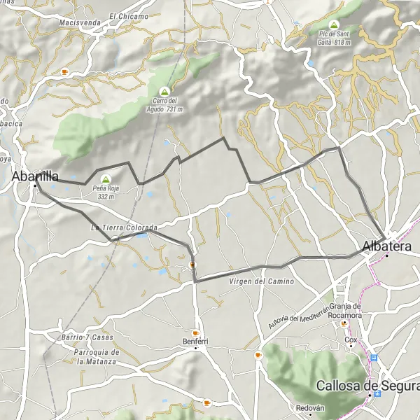 Miniaturní mapa "Road to Peña Roja" inspirace pro cyklisty v oblasti Región de Murcia, Spain. Vytvořeno pomocí plánovače tras Tarmacs.app