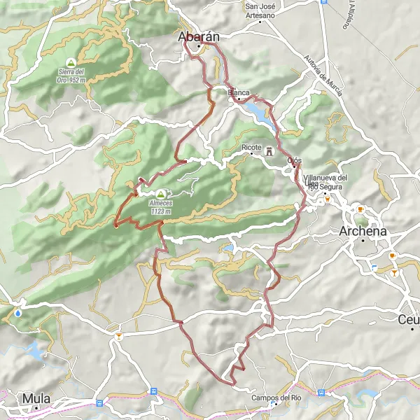 Map miniature of "The Ojós Gravel Tour" cycling inspiration in Región de Murcia, Spain. Generated by Tarmacs.app cycling route planner