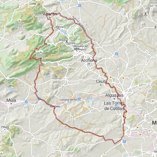 Map miniature of "The Murcia Gravel Odyssey" cycling inspiration in Región de Murcia, Spain. Generated by Tarmacs.app cycling route planner
