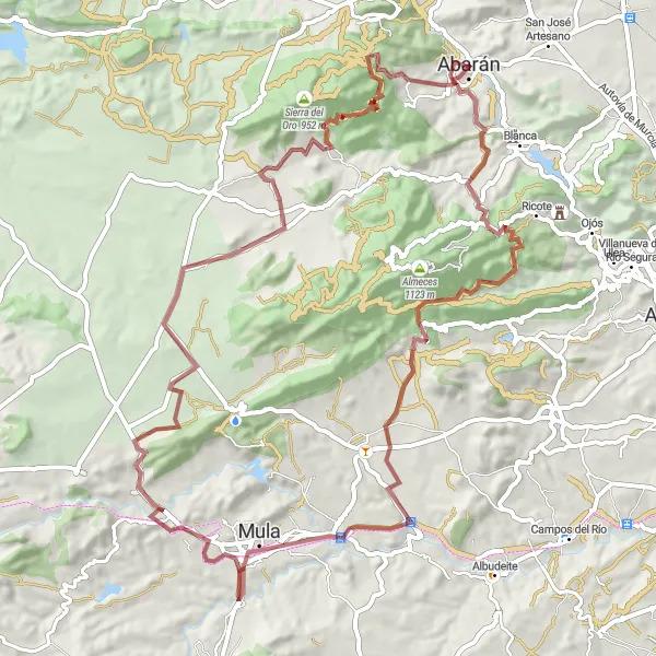 Miniaturní mapa "Gravelová trasa kolem Abarán" inspirace pro cyklisty v oblasti Región de Murcia, Spain. Vytvořeno pomocí plánovače tras Tarmacs.app