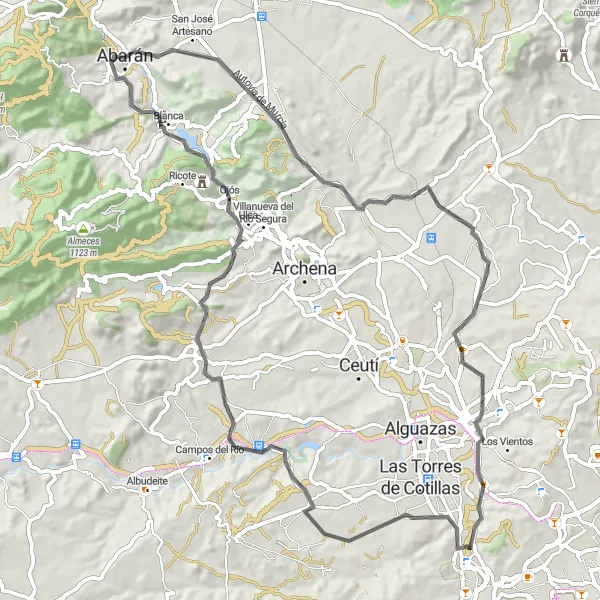 Miniature de la carte de l'inspiration cycliste "Le Chemin de Venta Puñales" dans la Región de Murcia, Spain. Générée par le planificateur d'itinéraire cycliste Tarmacs.app