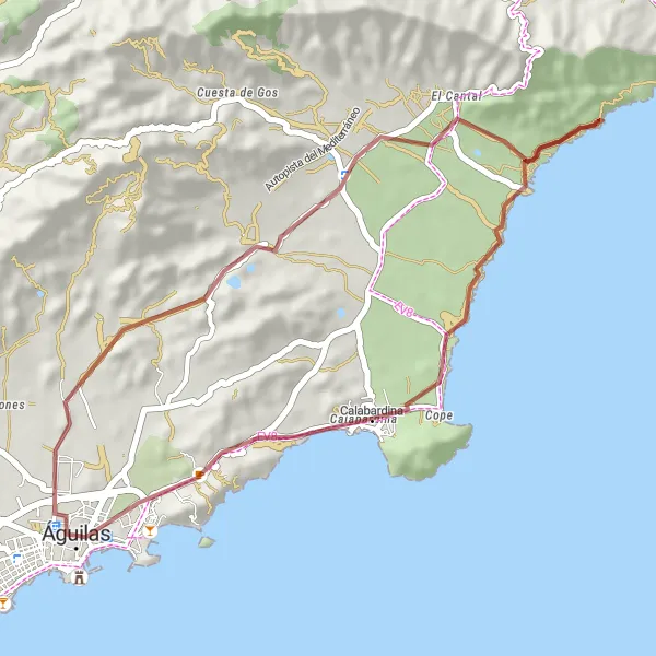 Miniatura della mappa di ispirazione al ciclismo "Giro in mountain bike tra Aguilas e Calabardina" nella regione di Región de Murcia, Spain. Generata da Tarmacs.app, pianificatore di rotte ciclistiche