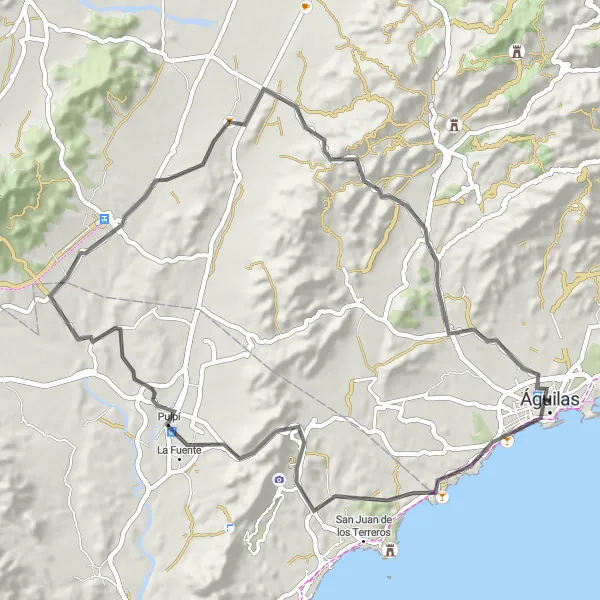 Miniatura della mappa di ispirazione al ciclismo "Giro stradale da Aguilas a Pulpí" nella regione di Región de Murcia, Spain. Generata da Tarmacs.app, pianificatore di rotte ciclistiche