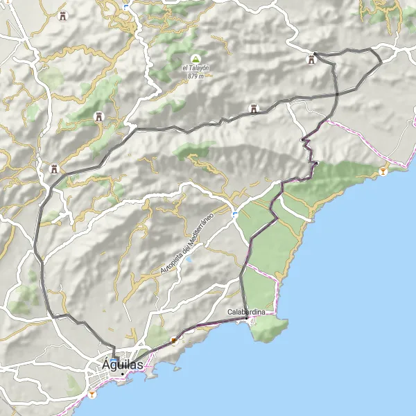 Miniature de la carte de l'inspiration cycliste "Parcours panoramique vers Calabardina" dans la Región de Murcia, Spain. Générée par le planificateur d'itinéraire cycliste Tarmacs.app