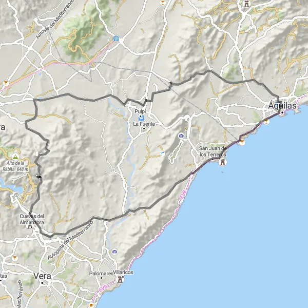 Miniatura della mappa di ispirazione al ciclismo "Ciclovia Terreros del Desierto" nella regione di Región de Murcia, Spain. Generata da Tarmacs.app, pianificatore di rotte ciclistiche