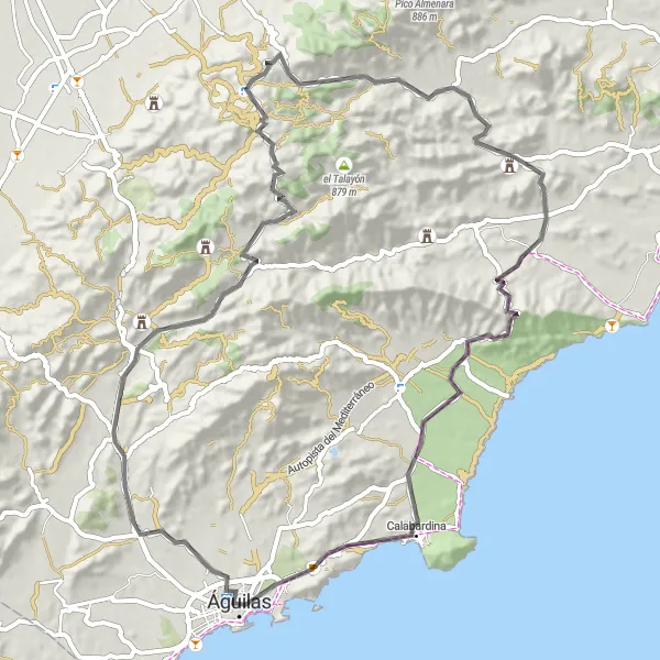 Miniatura della mappa di ispirazione al ciclismo "Giro panoramico tra Aguilas e Calabardina" nella regione di Región de Murcia, Spain. Generata da Tarmacs.app, pianificatore di rotte ciclistiche