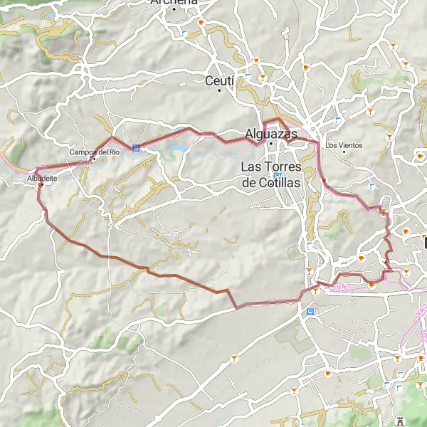 Map miniature of "Mula River Loop via Albudeite" cycling inspiration in Región de Murcia, Spain. Generated by Tarmacs.app cycling route planner