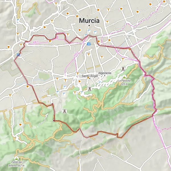 Map miniature of "Picacho Trails and Sangonera Woods" cycling inspiration in Región de Murcia, Spain. Generated by Tarmacs.app cycling route planner