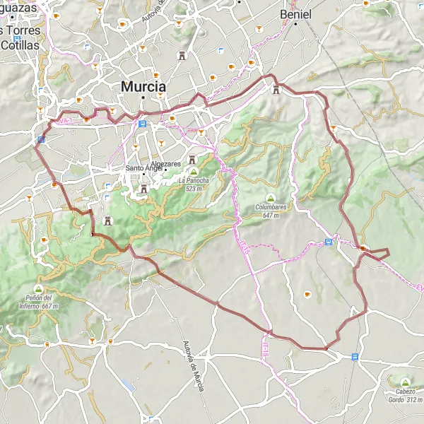 Miniatura della mappa di ispirazione al ciclismo "Avventuroso giro in bicicletta su sterrato intorno ad Alcantarilla" nella regione di Región de Murcia, Spain. Generata da Tarmacs.app, pianificatore di rotte ciclistiche