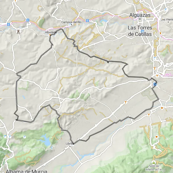 Miniaturní mapa "Prozkoumejte krajinu kolem Alcantarilly" inspirace pro cyklisty v oblasti Región de Murcia, Spain. Vytvořeno pomocí plánovače tras Tarmacs.app