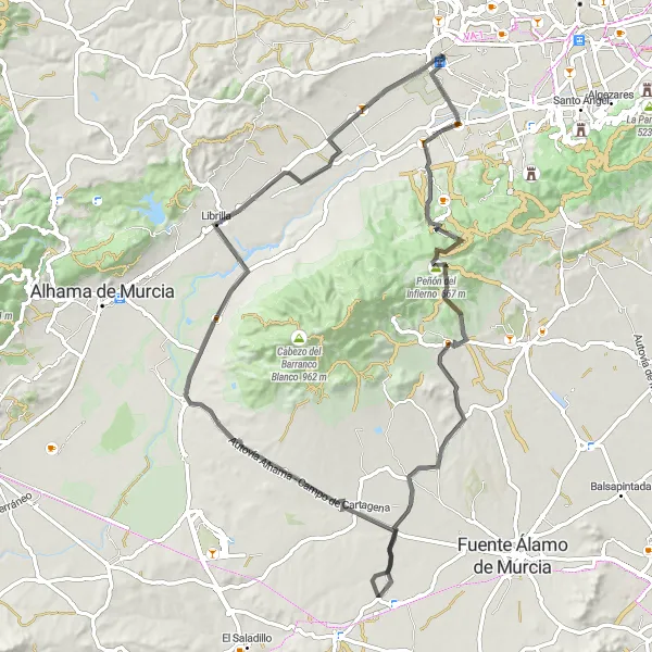 Map miniature of "Murcian Vineyards Loop" cycling inspiration in Región de Murcia, Spain. Generated by Tarmacs.app cycling route planner