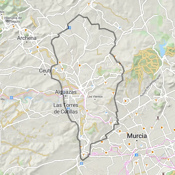 Map miniature of "Exploring Murcia's Cultural Heritage" cycling inspiration in Región de Murcia, Spain. Generated by Tarmacs.app cycling route planner
