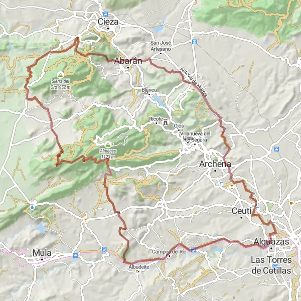 Map miniature of "Gravel Adventure: Discovering Abarán and La Carrasca" cycling inspiration in Región de Murcia, Spain. Generated by Tarmacs.app cycling route planner