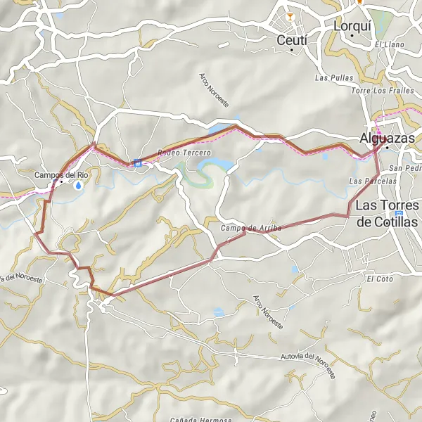 Miniatua del mapa de inspiración ciclista "Ruta de grava en Alguazas del Río Mula" en Región de Murcia, Spain. Generado por Tarmacs.app planificador de rutas ciclistas