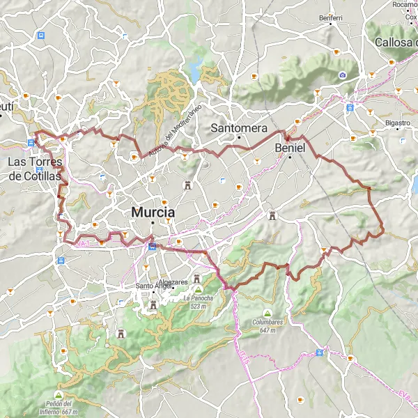 Miniatura della mappa di ispirazione al ciclismo "Giro in bici gravel alla scoperta di Molina de Segura" nella regione di Región de Murcia, Spain. Generata da Tarmacs.app, pianificatore di rotte ciclistiche