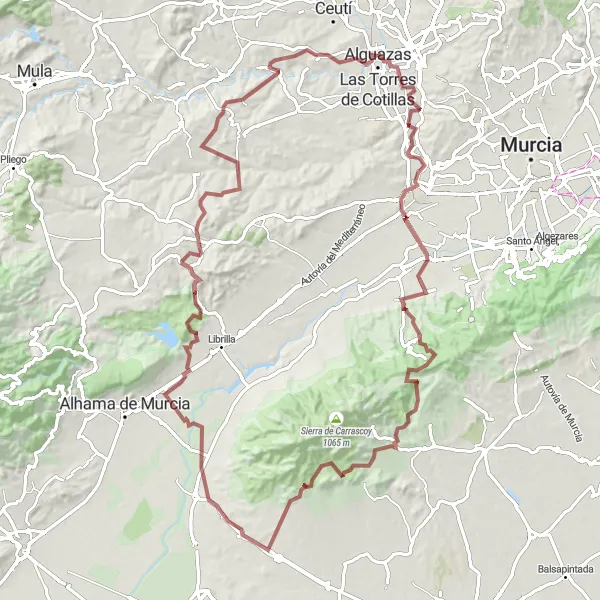 Map miniature of "Gravel Adventure: Alguazas to Ribera de Molina" cycling inspiration in Región de Murcia, Spain. Generated by Tarmacs.app cycling route planner