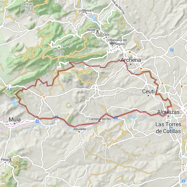 Miniatua del mapa de inspiración ciclista "Ruta de grava en Alguazas" en Región de Murcia, Spain. Generado por Tarmacs.app planificador de rutas ciclistas