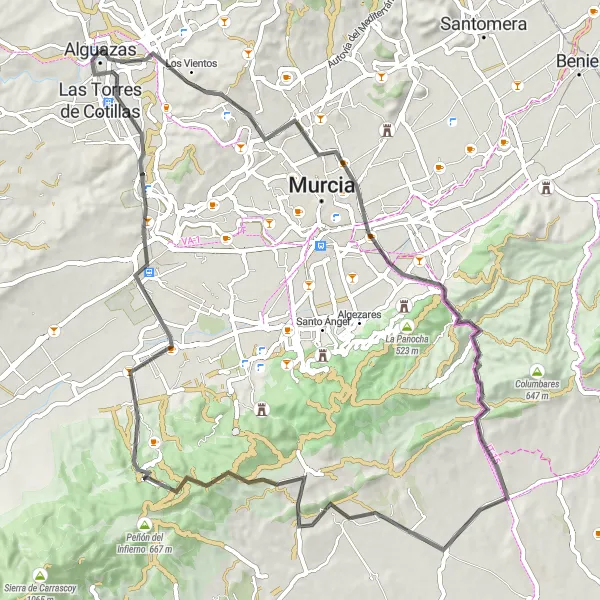 Miniatura della mappa di ispirazione al ciclismo "Giro in bici stradale verso Alguazas" nella regione di Región de Murcia, Spain. Generata da Tarmacs.app, pianificatore di rotte ciclistiche