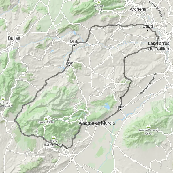 Map miniature of "Alguazas to Pliego Road Cycling Route" cycling inspiration in Región de Murcia, Spain. Generated by Tarmacs.app cycling route planner