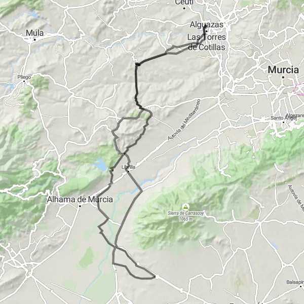 Karten-Miniaturansicht der Radinspiration "Rundstrecke von Alguazas nach Alguazas über Librilla und Las Torres de Cotillas" in Región de Murcia, Spain. Erstellt vom Tarmacs.app-Routenplaner für Radtouren