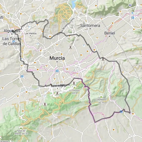 Miniatua del mapa de inspiración ciclista "Ruta en carretera hacia Alquerías y Rueda de La Ñora" en Región de Murcia, Spain. Generado por Tarmacs.app planificador de rutas ciclistas