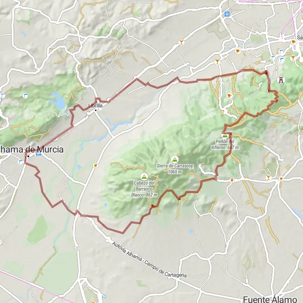 Miniatura mapy "Wspinaczka przez góry wokół Alhamy de Murcia" - trasy rowerowej w Región de Murcia, Spain. Wygenerowane przez planer tras rowerowych Tarmacs.app