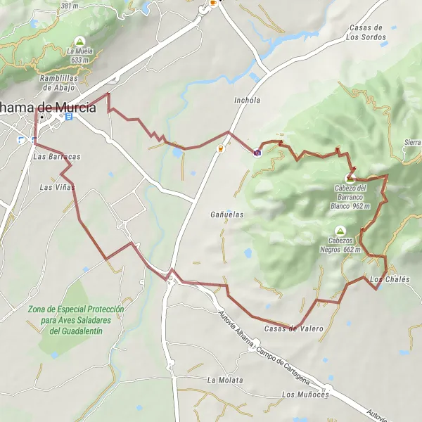 Miniatua del mapa de inspiración ciclista "Ruta de Grava Escénica al Barranco Blanco" en Región de Murcia, Spain. Generado por Tarmacs.app planificador de rutas ciclistas