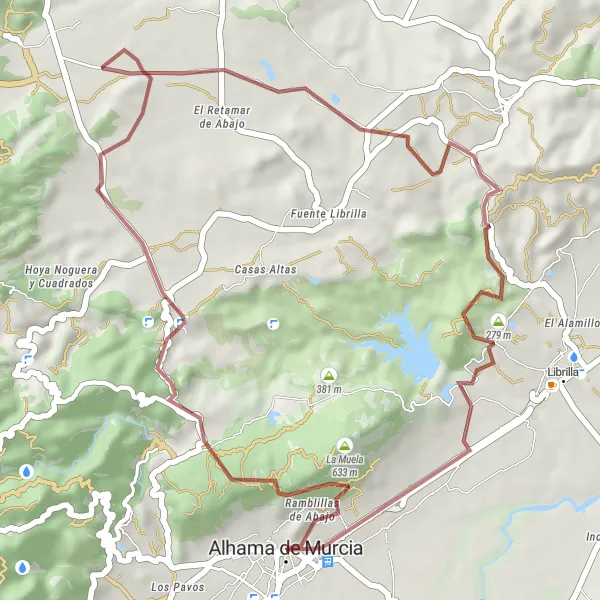 Miniatura della mappa di ispirazione al ciclismo "Tour in bicicletta gravel verso Baños Termales de Alhama" nella regione di Región de Murcia, Spain. Generata da Tarmacs.app, pianificatore di rotte ciclistiche