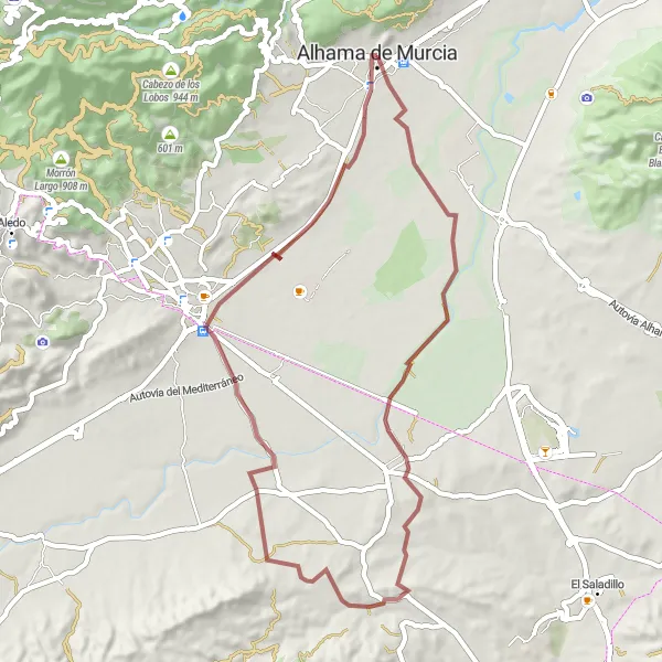 Miniature de la carte de l'inspiration cycliste "Exploration en VTT autour d'Alhama de Murcia" dans la Región de Murcia, Spain. Générée par le planificateur d'itinéraire cycliste Tarmacs.app