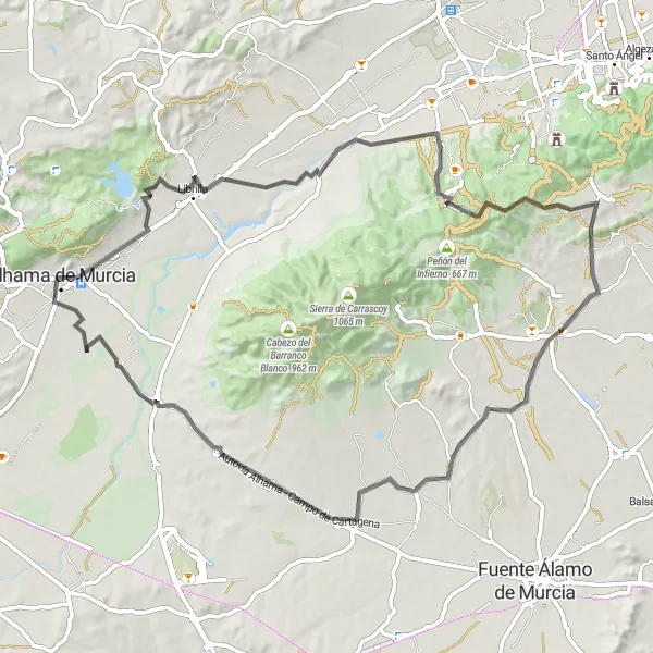 Miniature de la carte de l'inspiration cycliste "Route panoramique à Alhama de Murcia" dans la Región de Murcia, Spain. Générée par le planificateur d'itinéraire cycliste Tarmacs.app