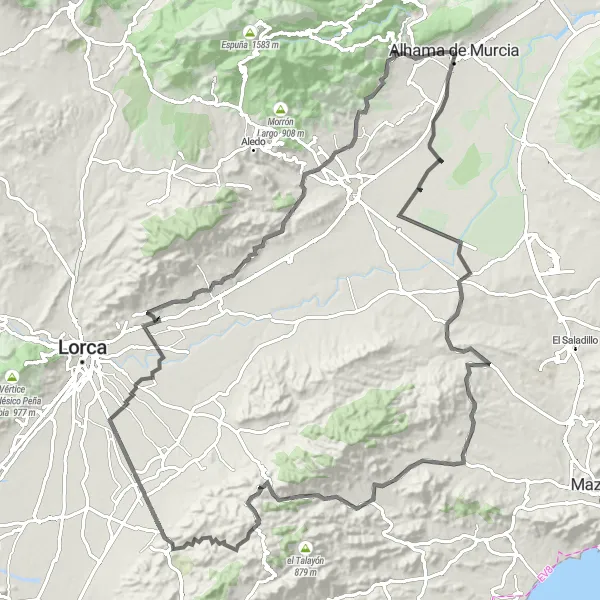 Miniaturní mapa "Pitoreskní cyklistická cesta kolem Alhamy de Murcia" inspirace pro cyklisty v oblasti Región de Murcia, Spain. Vytvořeno pomocí plánovače tras Tarmacs.app