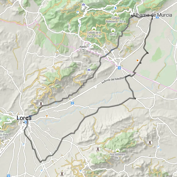 Miniaturní mapa "Cyklotrasa kolem Alhama de Murcia" inspirace pro cyklisty v oblasti Región de Murcia, Spain. Vytvořeno pomocí plánovače tras Tarmacs.app