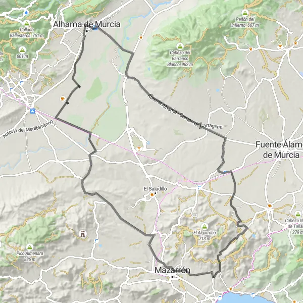 Miniaturní mapa "Okružní cyklotrasa kolem Alhama de Murcia" inspirace pro cyklisty v oblasti Región de Murcia, Spain. Vytvořeno pomocí plánovače tras Tarmacs.app