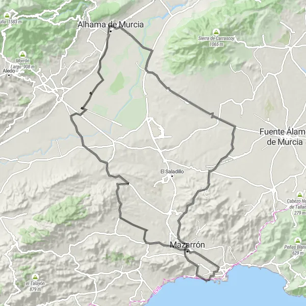 Miniature de la carte de l'inspiration cycliste "Parcours panoramique autour d'Alhama de Murcia" dans la Región de Murcia, Spain. Générée par le planificateur d'itinéraire cycliste Tarmacs.app