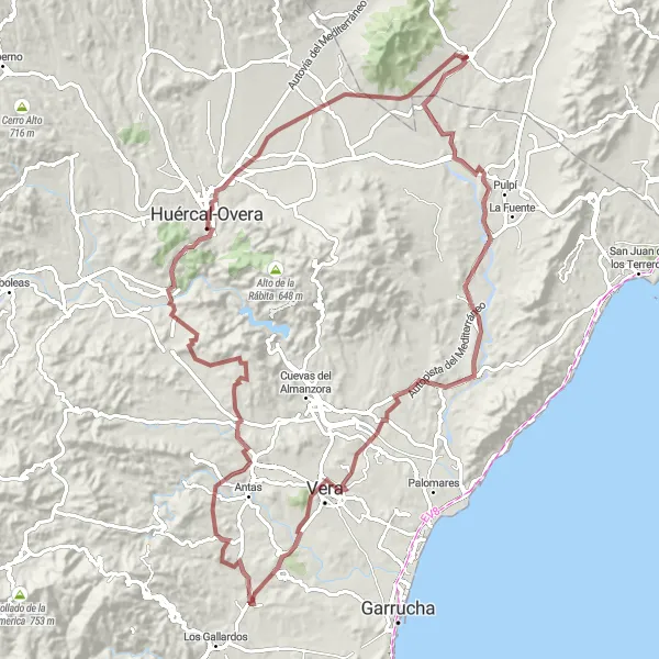Miniatura della mappa di ispirazione al ciclismo "Esplorazione Gravel tra Guazamara e Huércal-Overa" nella regione di Región de Murcia, Spain. Generata da Tarmacs.app, pianificatore di rotte ciclistiche