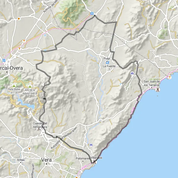 Miniatua del mapa de inspiración ciclista "Ruta de carretera de Almendricos a Cuevas del Almanzora" en Región de Murcia, Spain. Generado por Tarmacs.app planificador de rutas ciclistas