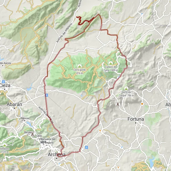 Miniatura della mappa di ispirazione al ciclismo "Esplorazione Gravel di Archena e dintorni" nella regione di Región de Murcia, Spain. Generata da Tarmacs.app, pianificatore di rotte ciclistiche
