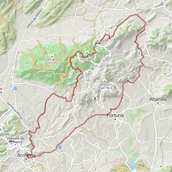 Miniaturní mapa "Gravel Kruhová cyklistická trasa s výstupem na 1539 m a délkou 97 km" inspirace pro cyklisty v oblasti Región de Murcia, Spain. Vytvořeno pomocí plánovače tras Tarmacs.app