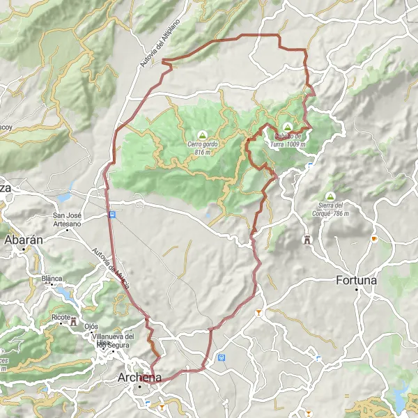 Miniatura della mappa di ispirazione al ciclismo "Tour dei Monti di Archena in Gravel" nella regione di Región de Murcia, Spain. Generata da Tarmacs.app, pianificatore di rotte ciclistiche