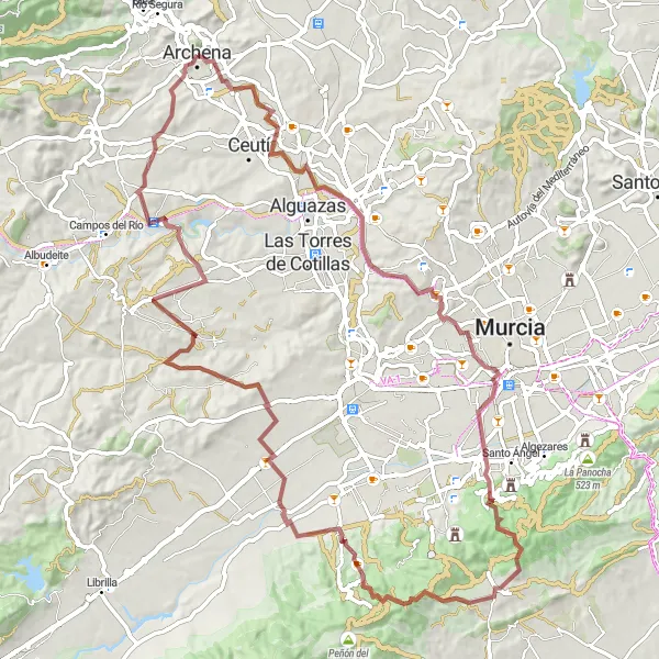 Miniaturní mapa "Gravel Kruhová cyklistická trasa s výstupem na 1368 m a délkou 94 km" inspirace pro cyklisty v oblasti Región de Murcia, Spain. Vytvořeno pomocí plánovače tras Tarmacs.app