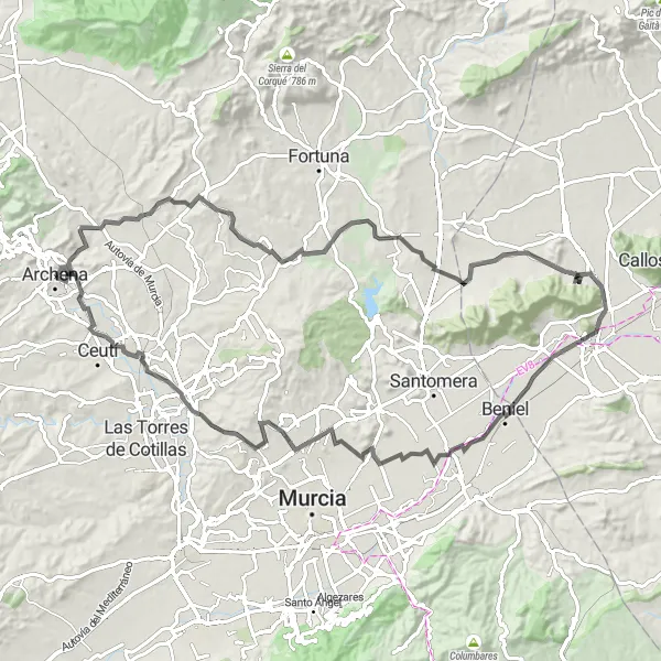 Miniatuurkaart van de fietsinspiratie "Schilderachtige Wegenroute Nabij Archena" in Región de Murcia, Spain. Gemaakt door de Tarmacs.app fietsrouteplanner