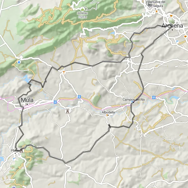 Miniature de la carte de l'inspiration cycliste "Parcours des Châteaux Road" dans la Región de Murcia, Spain. Générée par le planificateur d'itinéraire cycliste Tarmacs.app