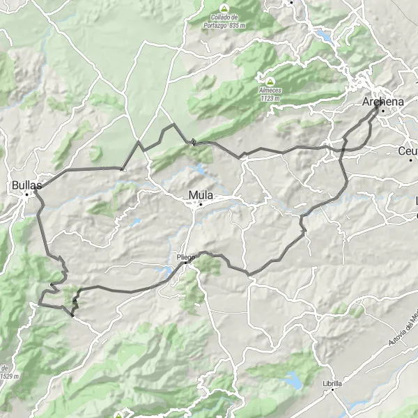 Miniatua del mapa de inspiración ciclista "Ruta de carretera a Mirador del Río Mula" en Región de Murcia, Spain. Generado por Tarmacs.app planificador de rutas ciclistas