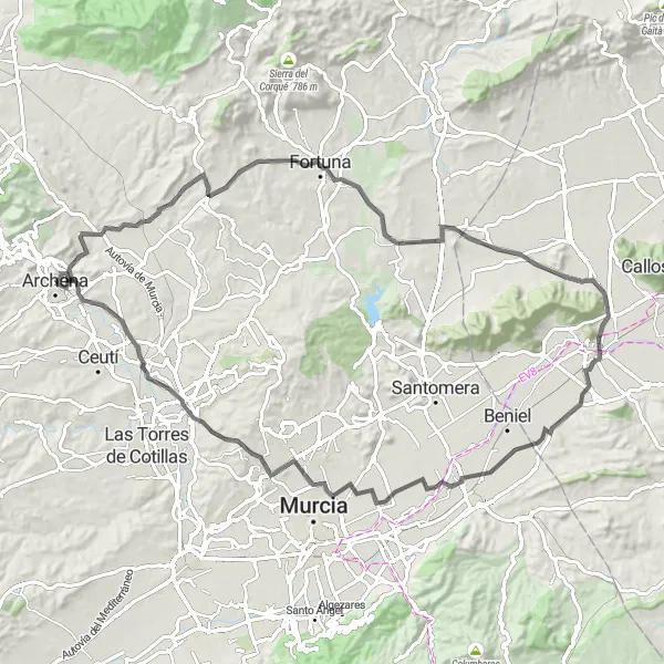 Miniaturní mapa "Silniční Kruhová cyklistická trasa s výstupem na 649 m a délkou 96 km" inspirace pro cyklisty v oblasti Región de Murcia, Spain. Vytvořeno pomocí plánovače tras Tarmacs.app