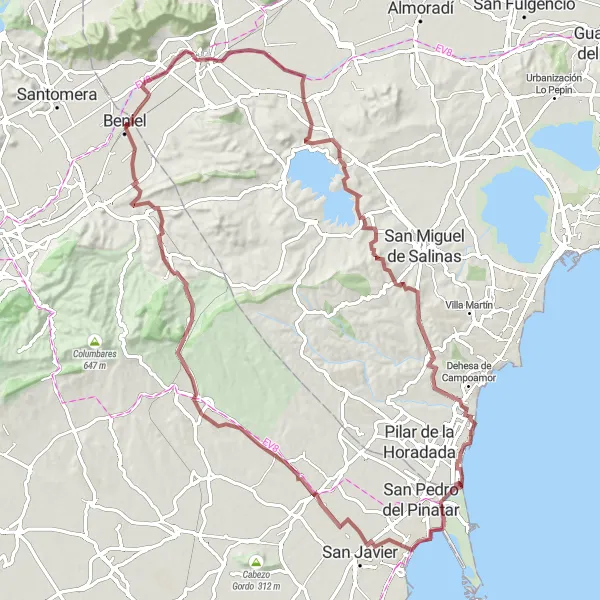 Map miniature of "Discover the Hidden Gems of Murcia's Gravel Roads" cycling inspiration in Región de Murcia, Spain. Generated by Tarmacs.app cycling route planner