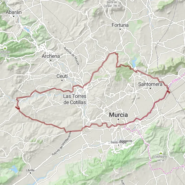 Map miniature of "Cycle Through the Murcia Region and Discover its Hidden Gems" cycling inspiration in Región de Murcia, Spain. Generated by Tarmacs.app cycling route planner