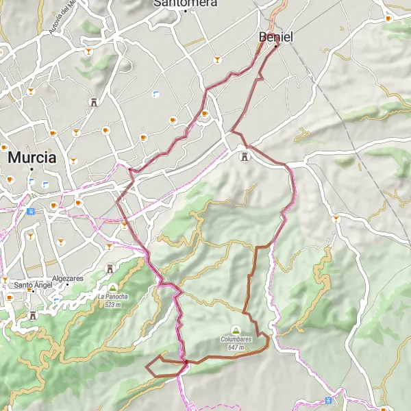 Miniatua del mapa de inspiración ciclista "Ruta de Grava de Columbares y Picacho" en Región de Murcia, Spain. Generado por Tarmacs.app planificador de rutas ciclistas