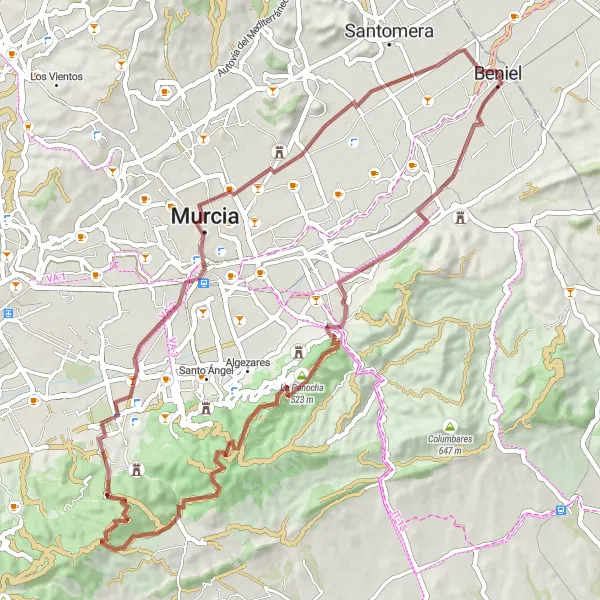 Map miniature of "Secrets of Monteagudo" cycling inspiration in Región de Murcia, Spain. Generated by Tarmacs.app cycling route planner