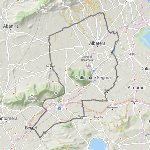 Miniaturní mapa "Okružní cyklistická trasa kolem Beniel (73 km, 302 m stoupání)" inspirace pro cyklisty v oblasti Región de Murcia, Spain. Vytvořeno pomocí plánovače tras Tarmacs.app